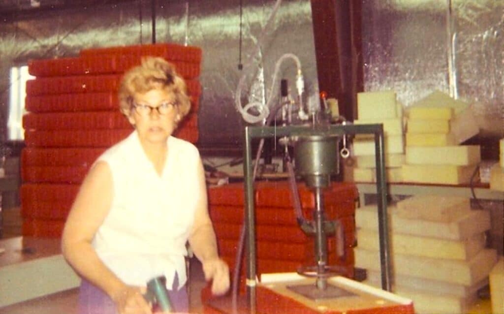 Alma Heskin June 1969 stapling seats in the new Northern Upholstery facilities