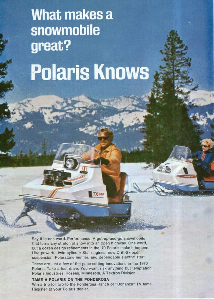 1970 Polaris snowmobile brochure Dorothy and Ella Mae are the models. Photo Shoot held at the Donner Ranch in 1969