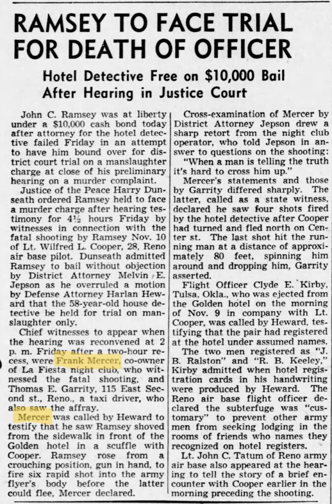 Article on shooting in Frank Mercers Club November 18 1944 Reno Gazette Journal