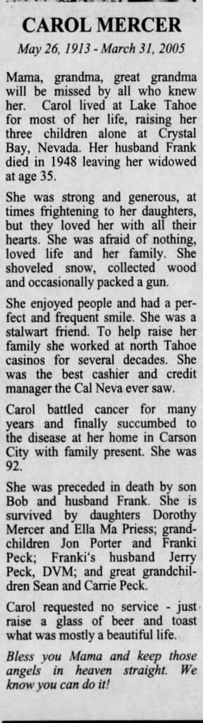 Caroline Mercer Newspaper Obituary